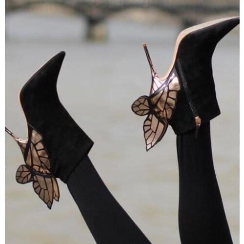 2021 Woman Sexy Ankle Pointed Toe Shoes Female Thin High Heel Boots Back Butterfly Angel Wing Decoration