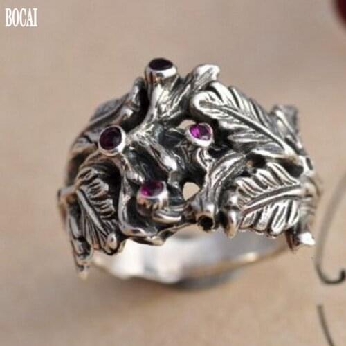 New handmade 100% real 925 silver ring woman natural garnet rings leaf retro creative Thai silver woman rings fashion jewelry