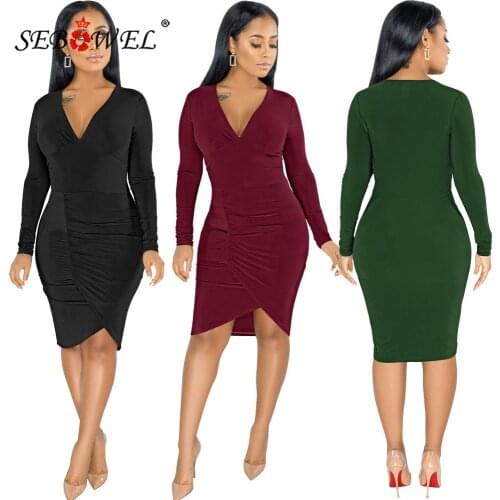 SEBOWEL Autumn Spring Womens Long Sleeve Slim Fit Tight Dress Female Sexy V-neck Knee-Length High Waist Bodycon Dresses S-XL
