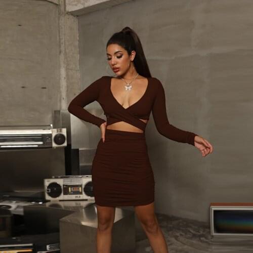 2021 Summer Sexy Hollow Bag Hip Skirt Long Sleeve Pleated Dress