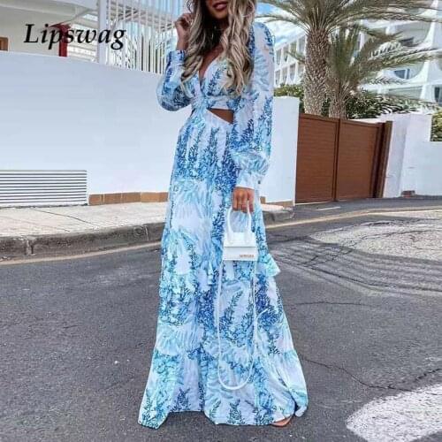 Women Sexy Deep V-Neck Hollow Out Party Dress Fashion Elegant Tie-Dye Ruffle Maxi Dresses Ladies Casual Long Sleeve Loose Dress