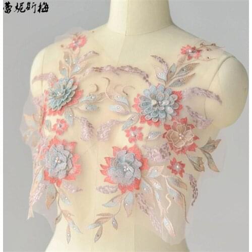 1Pc-1pair 6Colours Applique Polyester Embroidered Lace Wedding Dress Body Flower Lace Applique Fabrics Material 40X27.5cm BD0613