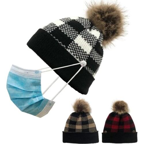 2021 Winter Warm Women Ladies Hats and Caps Jacquard Plaid Elastic Knitted Hat Cap Can Hang Mask Buttons Adult Skullies Beanies