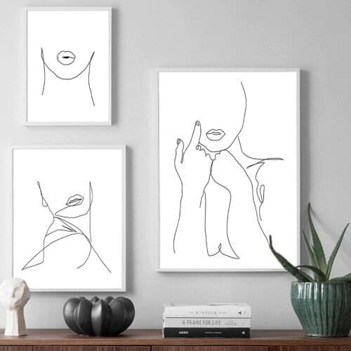 Abstract Woman Face Line Drawing Art Print Minimalist Wall Art Poster Female Lip Hands Continuous Line Art Canvas Painting Decor
