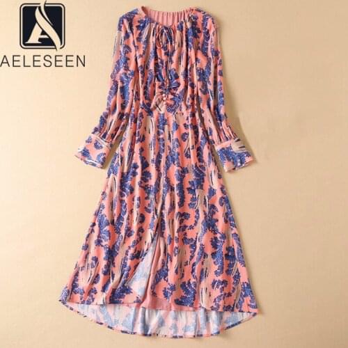 AELESEEN Runway Fashion Irregular Dress 2021 Women Autumn Bow Lavender Flower Print Elegant Long Party Holiday Dress