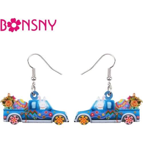 BONSNY Acrylic Cute Blue Easter Eggs Rabbit Bunny Car Earrings Drop Dangle Fashion Novelty Jewelry For Women Girls Teens Gifts