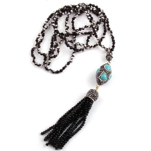 Free Shipping Fashion 4mm Mini Half Black Color Glass Knotted Handmake Paved Ball Crystal Tassel Necklaces