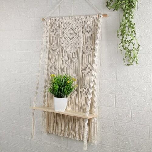 Wood Shelf Tapestry Wall Hanging Boho Macrame Rope Shelving Tassels Decoration Wall Art Decor, Books, Planter Display Shelf Rack