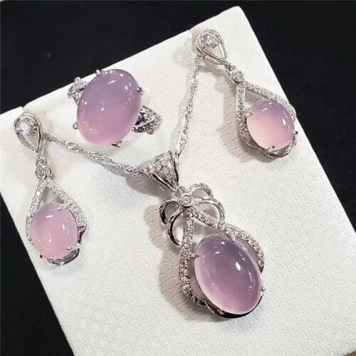 Luxury 3pc Natural Pink Yellow Jade Jewelry Sets For Women 925 Silver Rings/Earrings/Necklace Topaz Gemstone Fine Jewelry Gifts