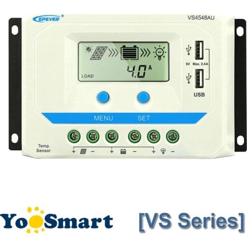 EPEVER 30A 45A 60A PWM Solar Charge Controllers 12V 24V 36V 48V Regulators Dual USB Max 96V Input VS3048AU VS4548AU VS6048AU