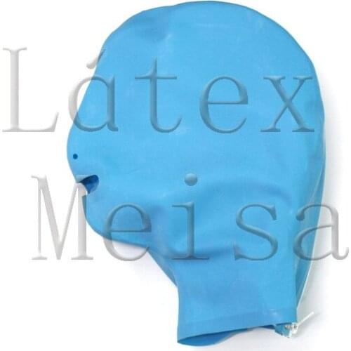Sky blue latex hood bdsm open nostrils and mouth with back zip for adults