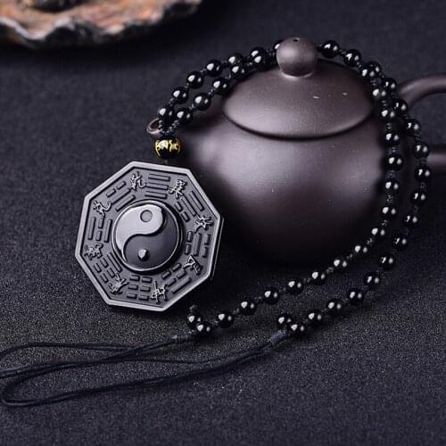 Nature Black Obsidian Yin Yang Bagua Pendant with Necklace for Men Women AC889