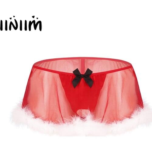 Christmas Lingerie Mens Underwear Sissy Santa Baby Red Panties Sexy Transparent Briefs with Penis Hole Gay Feather Panty Skirt