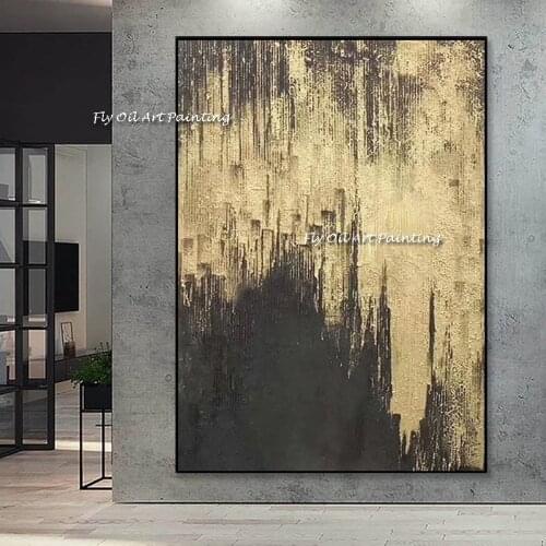 Modern Abstract Black And White Gold Foil Canvas Handmade Oil painting Wall Art Pictures for Interior Living Room Decorate