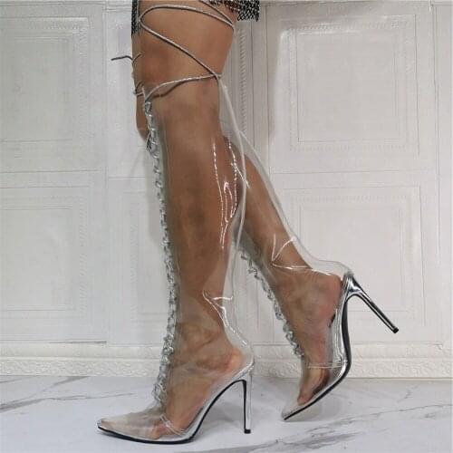 2021 Clear PVC Long Boots Over The Knee Lace Up Pointed Toe Thin High Heels See Through Runway Women Spirng Autumn Boots