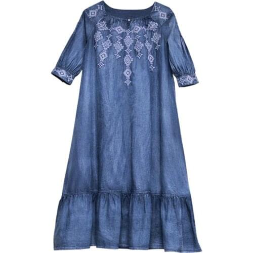 High waist jeans dress frilled women summer sundress denim beach dress cotton embroidered long blue jean dress for women
