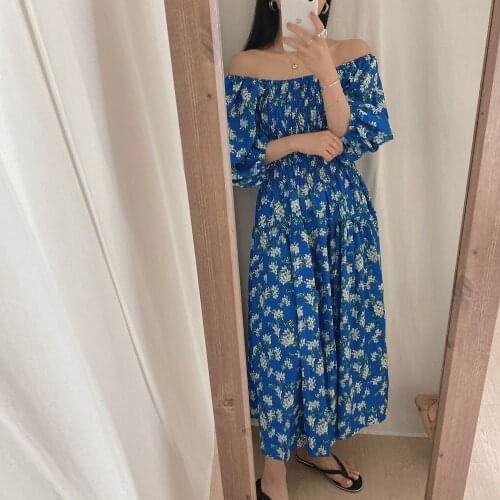2021 New Women Summer Blue Long Floral Dress Elastic Bust Slash Neck Slim Waist A-line Pullover Maxi Sundress