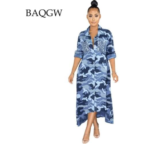 Autumn Sexy Large Size XXL Long Camouflage Dress Full Sleeve Singer Breasted Straight Dress Lady Mid-Calf Chic Dress Vestidos