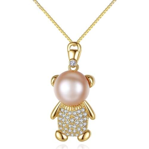 MetJakt S925 Sterling Silver Micro Inlaid Zircon Freshwater Pearl Fashion Bear Shape Womens Pendant Necklace