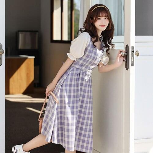 Fashion Square Collar Dress Women Summer High Waist Vintage Plaid College Beach Vacation Female Korean Sweet Midi Dresses Y388