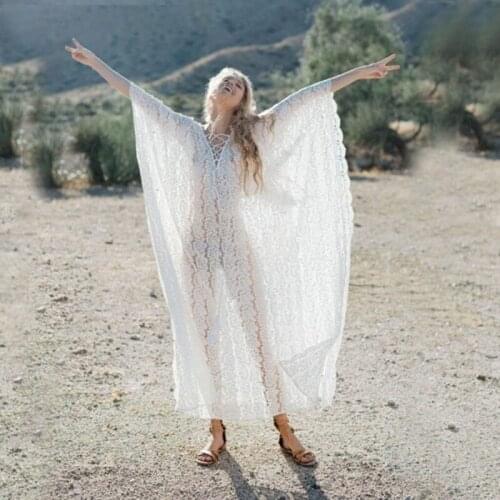 2021 Hot Sale Lace Beach Dress Hollow See-through Sexy Dress Lace Robes Kaftan V-neck Lace Beach Coverups For Women