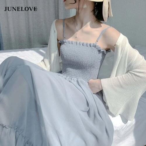 JuneLove Summer Chiffon Suspender Dress For Women Korean INS Super Fairy Sweet Sleeveless Ruffles Midi Dress Vintage Lady Dress