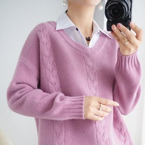 2021 new style 100% wool ladies V-neck pullover sweater long sleeve pure color all-match casual cashmere base sweater
