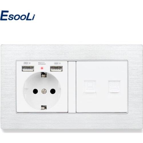 Esooli Aluminum Metal Panel EU Standard enchufe usb pared with 2 USB + Telephone Connector and RJ45 Internet Jack socket