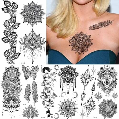 GoldOcean Chest Mandala Henna Flower Fake Tattoos Stickers Black Feather Arm Temporary Tatoos Waterproof Waist India Custom Tato