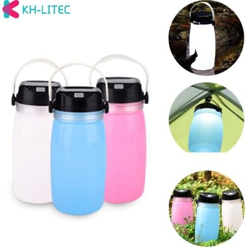 KHLITEC Outdoor Foldable Waterproof Silicone Water Bottle For Camping With LED Light Solar Power Or USB Rechargeable Light
