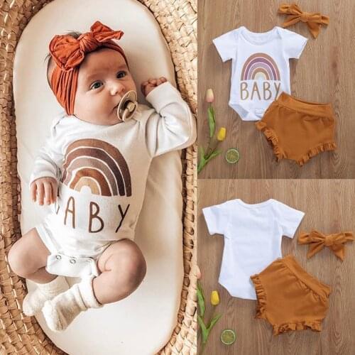 0-18M Newborn Baby Girls Boys Clothes Sets Rainbow Print Romper+Shorts Summer Short Sleeve Baby Clothing