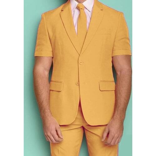 2021 Summer Tailor Made Fashion Yellow Short Sleeve Blazer Slim Fit Groom Tuxedo For Wedding Beach Party Costume (Jacket+Shorts)