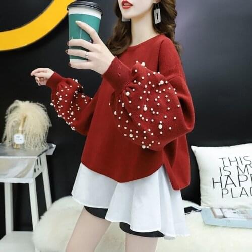 Kawaii Women Two Piece Set Sweater Round Neck Puff Sleeve With Pearl Pleated Girls Students Knitting Pullovers