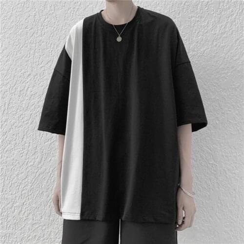 Plus Size T-shirt For Men Stitching Short-sleeved O Neck Striped Black Loose Korean Harajuku Style Vintage Cotton Clothing