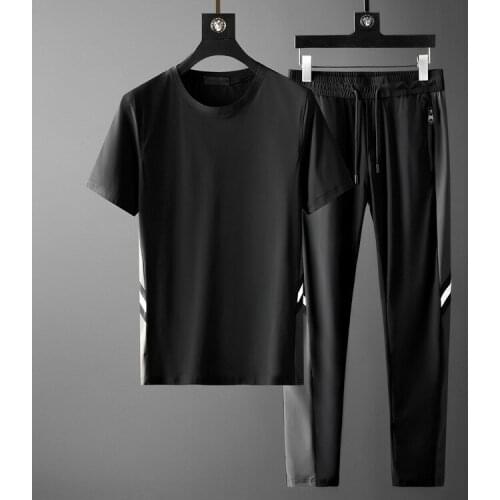 New Summer Mens Sets (t-shirt+pants) Luxury Short Sleeve Ribbon Decoration Man Sets Fashion Slim Fit Sport Casual Male Suits