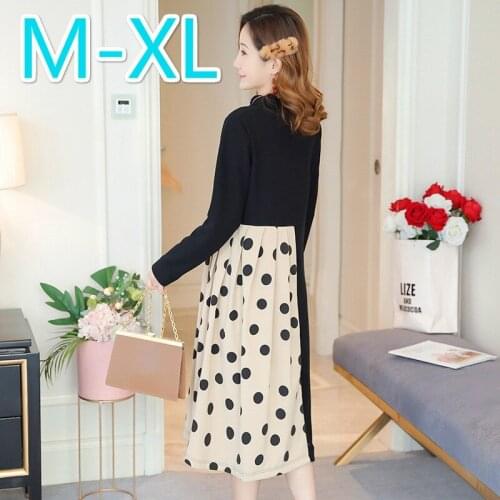 Pregnant WOMENS 2021 Fall And Winter Clothes Base Dress Korean-style Fashion Fake Piece Polkadot Slimming Medium-length Pleated