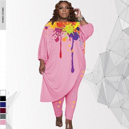 Autumn Womens Clothing Round Collar Irregular X -long Tops Ink-splash Printing Plus Size Sets 4xl 5xl Wholesale Dropshipping
