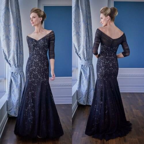 Navy Mother Of The Bride Dresses Off The Shoulder Mermaid Wedding Guest Gowns 3/4 Long Sleeves Formal Evening Dress Lace