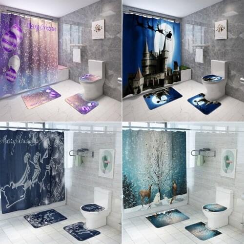 Merry Christmas Bathroom Set Santa Elk Pattern Waterproof Shower Curtain Set Bath Mats Rugs Toilet Cover Mat Non Slip Rug