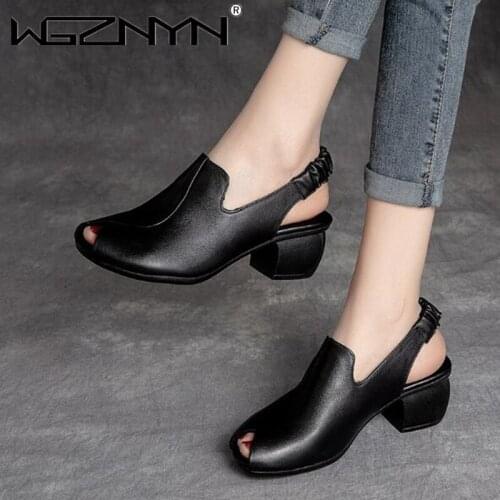 NEW Vintage Genuine PU Leather Sandals Mid Heel Summer Fish Mouth Ladies Shoes Autumn Shoes Casual Mother Sandals Open Toe Shoe