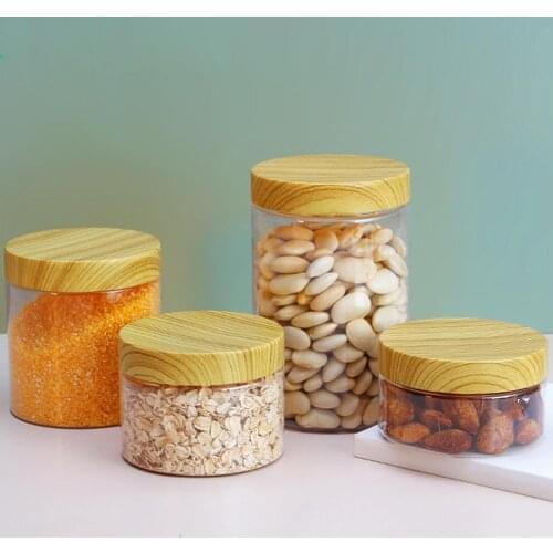 Wood Grain Airtight Jar Kitchen Seasoning Miscellaneous Grains Moisture-proof Storage Jar Wide-mouth Transparent Plastic Bottle