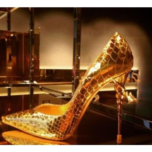 Rome Style Snake Leather Pumps Fashion Pointed Toe Gold Silver 10cm Heel Women Dress Shoes Sexy Party Stiletto Shoes Wedding