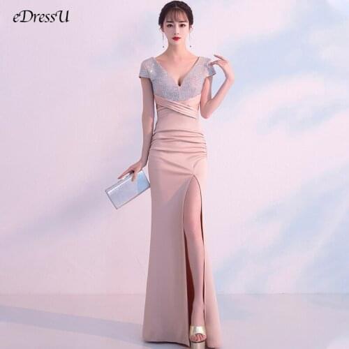 EDressU Beaded Evening Party Dress Sexy Bridesmaid Wedding Guest Dress Slit Long Elegant V Neck Formal Prom Dress YNY-16025