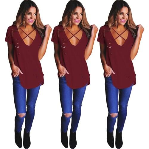 Wine Red Cotton Loose T-shirts Summer Casual V-neck Tops Fashion Hollow Out Short Sleeve Tees Summer Office Lady Women Clothes