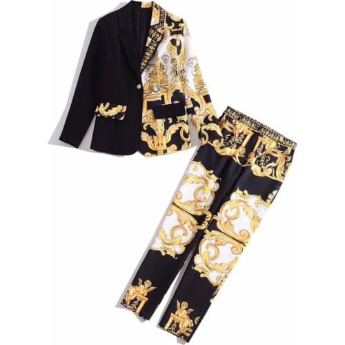 European and American womens clothing 2019 winter new style Long sleeve coat Nine minutes of pants Fashion retro printed suit