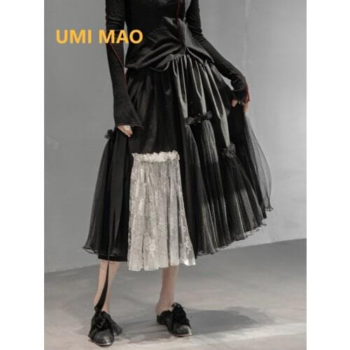 UMI MAO 2021 Spring Ss New Dark Style Lace Contrast Mesh High-waisted Fairy Skirt Harajuku Skirts Womens Dark Gothic Y2k