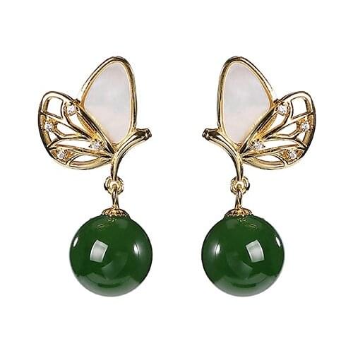 S925 sterling silver gold-plated natural Hetian jade stud earrings personality butterfly hollow earring pendant for ladies