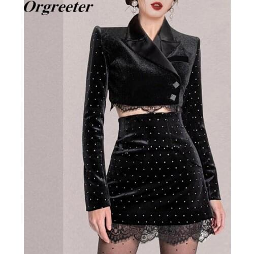 Retro Bronzing Velvet Black Two piece set Women Notched collar Long Sleeve Short Jacket and High waist Lace Trim Mini Skirt Sets