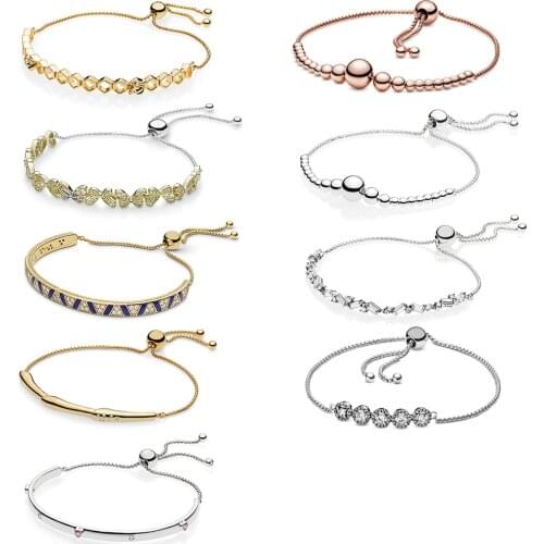 2020 NEW 100% 925 Sterling Silver Shine Stones And Stripes Sliding Bangle Bracelet Fit DIY Women Original Fashion Jewelry Gift