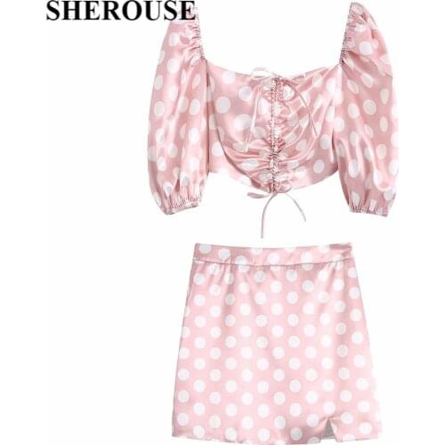 2021 New Women 2 Pieces Polka Dot Set Short Sleeve V-Neck Copped Tops Mini Skirts Suit Female Fashion Casual Women Clothes